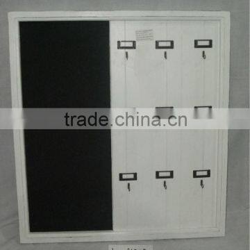 Distressed white hanging wooden key rack with 9 hooks and blackboard