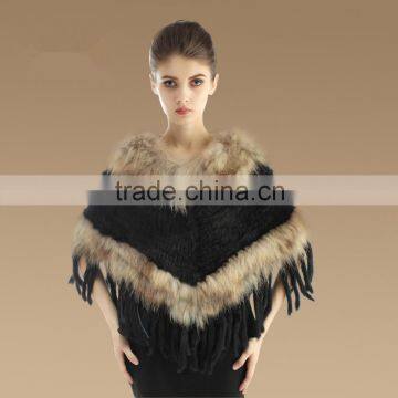 New fashion high quality kintted rabbit fur cape with raccoon fur collar