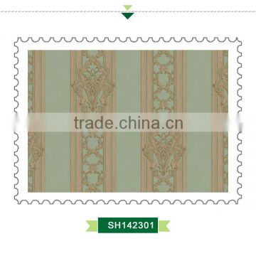 hot embossed vinyl wallpaper, green simple wide stripe wallcovering for dining room , chromatic wall paper price