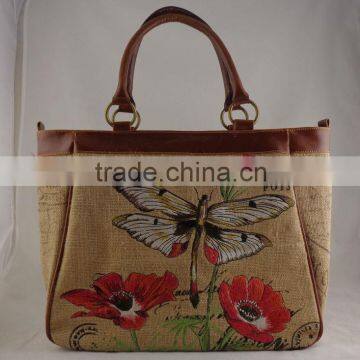 100%Jute lady tote bag with dragonfly embroidered