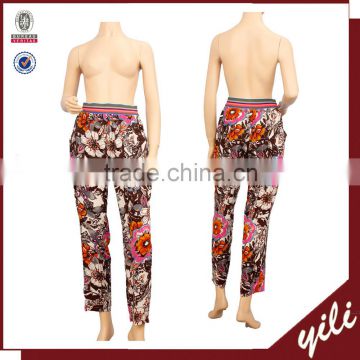 women rib waisted casual pants 100% rayon print trousers tropical floral ninth pants