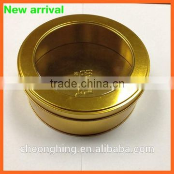 round tin box with pvc window