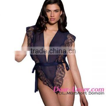 Navy Blue Ribbon Eyelash Chiffon Teddy bodystocking sexy lingerie