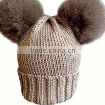 Wholesale Newest Design Knitted Wool Kids Beanie Hat with Two Fox Fur Pom poms for Cute Kids Beanie