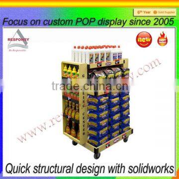 POP wood display stand at supermarket with casters