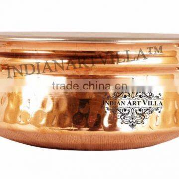 IndianArtVilla Royal Handmade Steel Copper Handi With Handle 350 ML - Serving Daal Curry Home Hotel Restaurant Tableware