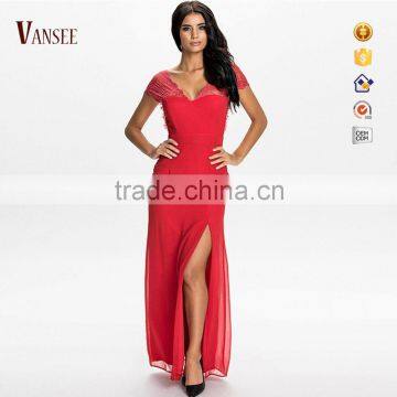 Plain dye slim fit elegant red backless shortsleeve lace evening dress