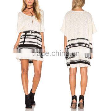 Plus size cotton fabric stripe woman casual batwing sleeve dress with belt