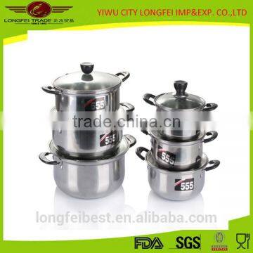 6pcs 555 stainless steel pot set with glass lid and plastic handle