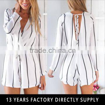 Summer white and black strip long sleeve jumpsuits for women 2016