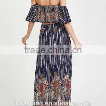 Multicolor Vintage Print off Shoulder Two Piece Set Boho Ruffle Top and Long Skirt photo-3