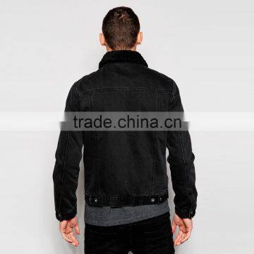 Black Denim Plain Fur Jacket Black Collar Windbreak Overcoat for Men photo-2