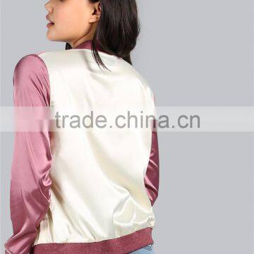 Custom Logo Women Button Coat Satin Letter Print Bomber Jacket Mauve Ribbing Trim Baseball Outwear photo-2