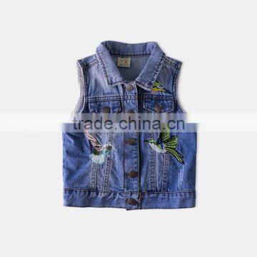 S60591B 2017 Girls Vest Turn Collar Children Clothes Bird Embroidery Waistcoats Sleeveless Kids Jeans Jackets photo-2