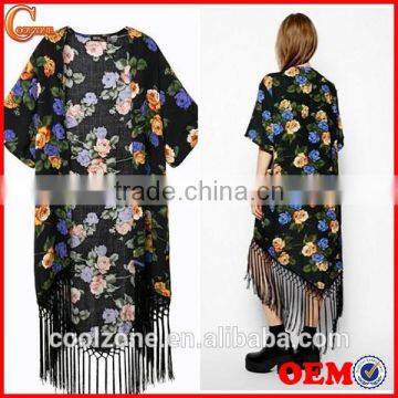 Latest floral print cover up summer beach kimono with gorgeous fringe