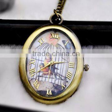 Vintage Round shape with Picture Open Faced Pocket Watch Long Chain Necklace