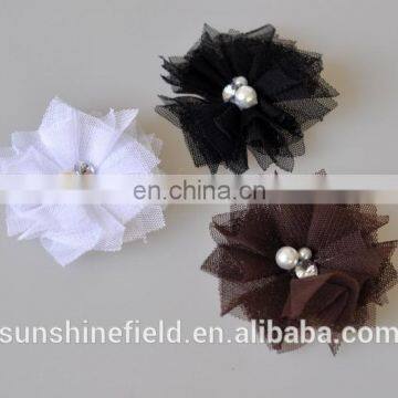 Mini Tulle Mesh Flowers With Rhinestone Pearl Center Poof Flowers headbands Accessories