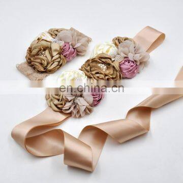 Vintage Champagne Sash Headband Set Chiffon Floral Beaded Crown Luxe Maternity Sash Ribbon Belt