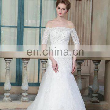 ED Elegant Off Shoulder Beaded Lace Appliqued Tulle A Line Women Wedding Dress