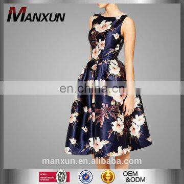 Sleeveless Printing Women Floral Dress Round Neck Knee-length Ladies Skirts