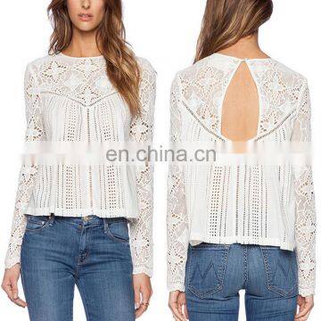 Fashion modeling long sleeve hollow-out white lace blouse, wholesale bohemian clothing burnout floral lace blouse for women