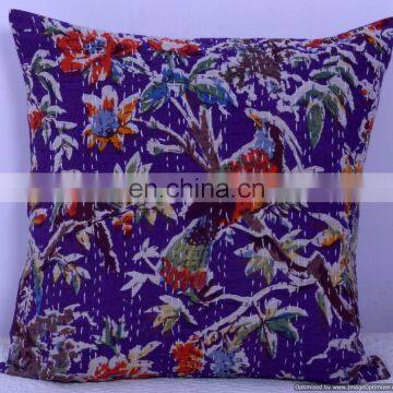 Hand-stitched Kantha Pillow indoor & outdoor-Indian Purple Bird Floral kantha cushion covers-Kantha Pillow Covers Textile Art