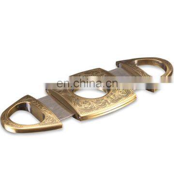 HQP-XJ06 HongQiang OEM Leather Pouch in Gift Box Classic Carving Pattern Double Edge Stainless Steel Portable Cigar Cutter photo-3