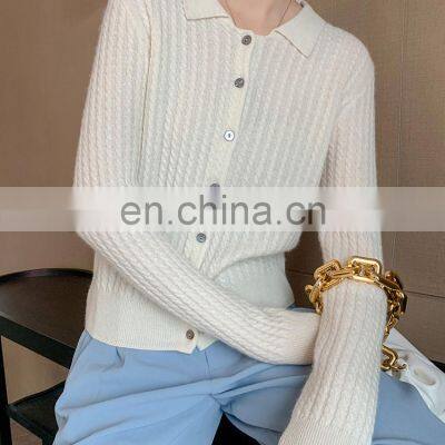Women Twisted Cashmere Cable Knit Polo Neck Cardigan photo-4