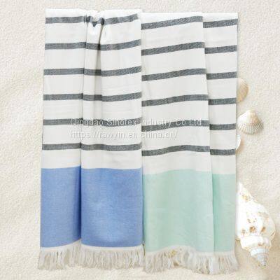 Cotton/polyeater Striped Hammam bath towel with self fringe