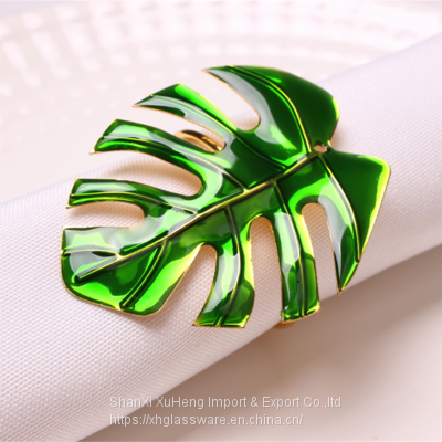 Green Tropical Leaf Shaped Metallic Gold Napkin Rings For Dinner Parties Weddings Family Gatherings or Everyday Use