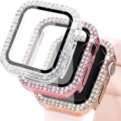 Luxury Tempered Glass Film Covers Diamond Protective Cover Bumper Case for iphone IWatch 7 6 8 41mm 44mm 45mm 42mm Series