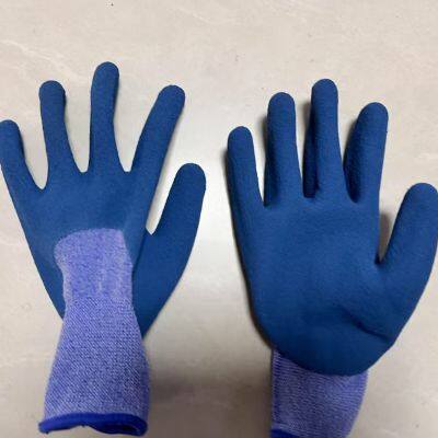 blue&white polyester thread 13 gauge knitted deep blue foamed wrinkled latex palm coated safety work gloves