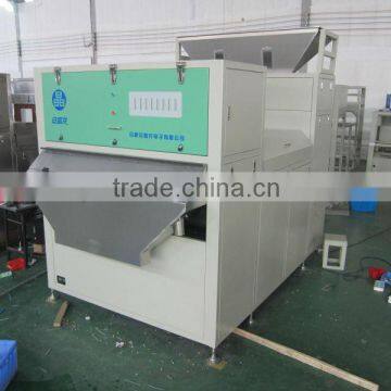 Separate stalks and yellow-wish leaves from tea raw material by double belt-type color sorter