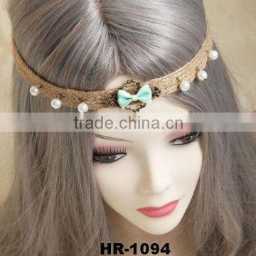 Little Fresh Retro Handmade Faux Pearl & Bowknot Hemp Rope Elastic Hair Band Fashion Headband