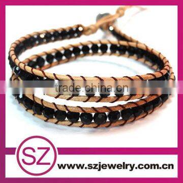 New fashion 2 layer leather bracelet with black crystal beads