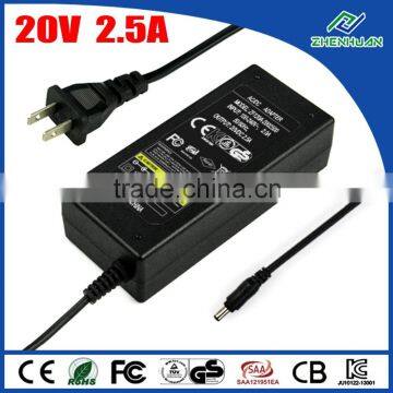 CE power supply 20V 2.5A AC DC adapter with 5.5*2.1mm DC plug