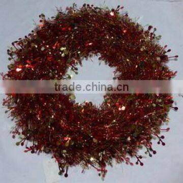 46cm Green+Red Color PET Decorative Christmas Tinsel Wreath