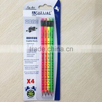 Standard size round shape neon color body soft wood blister card HB pencil with heat rolling logo