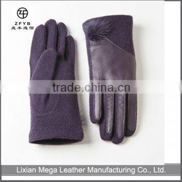 Fashion dress leather palm wool glove with touch screen