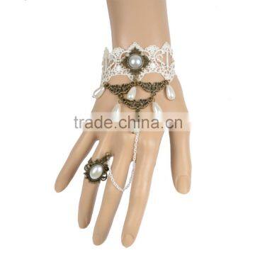 Elegant White Women Hollow Lace Bracelet witn Pearl Tassle and Round Ring