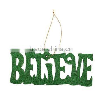 Wooden christmas "BELIEVE" letter hanging ornaments with glitter xmas gifts for tree home decoration