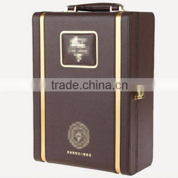 Ou shigu wholesale custom leather 2 bottles of red wine box, dark brown beautiful gift box