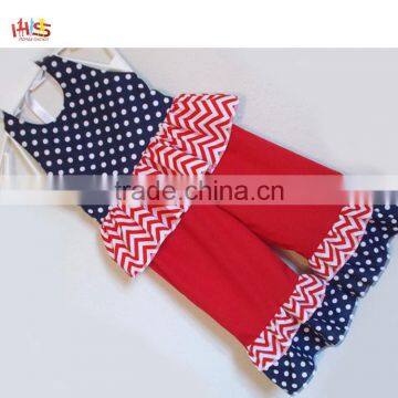Red White and Blue Polka Dot and Chevrons Ruffled Pant Set Fashion Children Frocks Designs 2016 HSS7861 photo-2