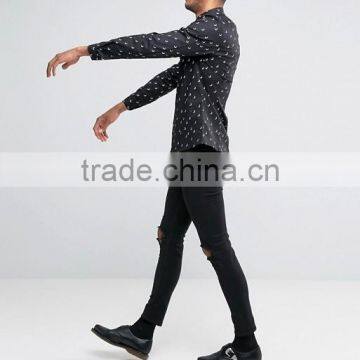 Hot Sale Custom Long Sleeve Point Collar Mens Pre-Shrunk 97% Cotton 3% Elastane Breathable Slim Fit Casual Black Printed Shirts photo-4