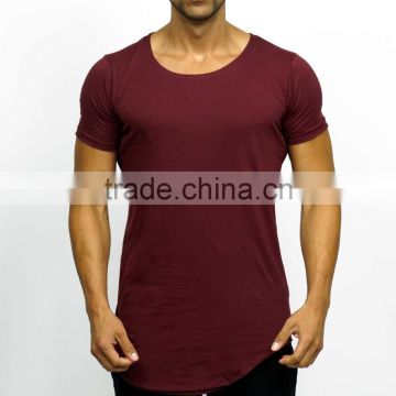 Burgundy Mens Longline Short Sleeve Curved Hem T Shirt Scoop Neck Tee Cotton Elastane Elongated T Shirt OEM