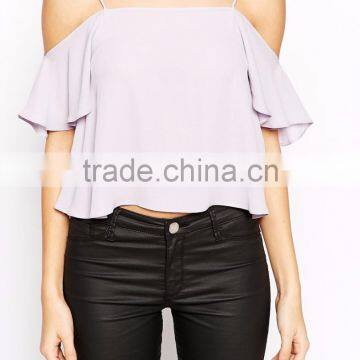 Fashion off the Shoulder Semi Mesh Crop Top Strap Chiffon Tank Top photo-4