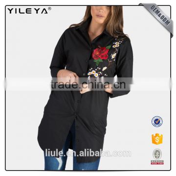 high fashion long sleeve black women cotton shirt with embroidery