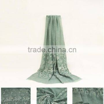 New Fashion Custom Embroidery Flower Plain Dyed Linon Viscose Hijab Scarf photo-2
