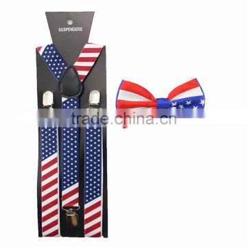 Men Women America USA Flag Braces Bowtie Set Adult Bow Tie & Suspender Set