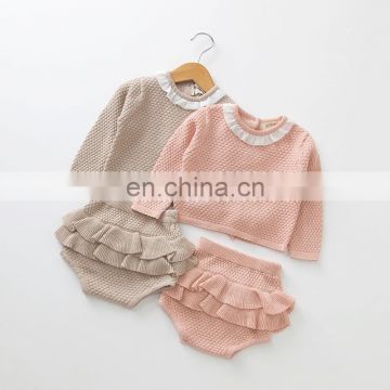 Baby Clothing Set Two Girls Suit Knit 0-2 Year Old Cotton Baby Long Sleeve Blouse + Lotus Leaf Shorts